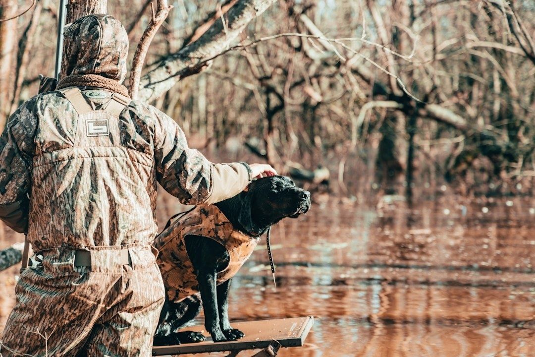 Jägare i kamouflage följer en svart hund genom en översvämmad skog